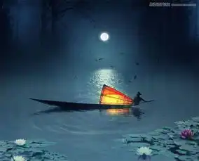 photoshop合成月色下的江上渔船灯火场景