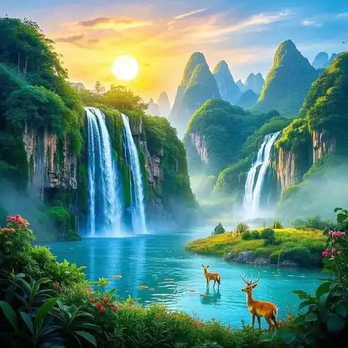 青山绿水能量头像,象征着福鹿悠然惬意,寓意锦鲤悠游自在的生活