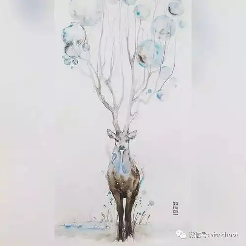 水彩画如同童话一样梦幻的鹿