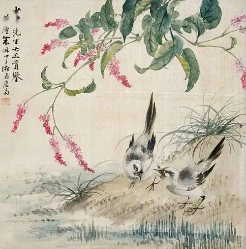 他的花鸟作品,笔墨简练,敷色淡雅,生动传神