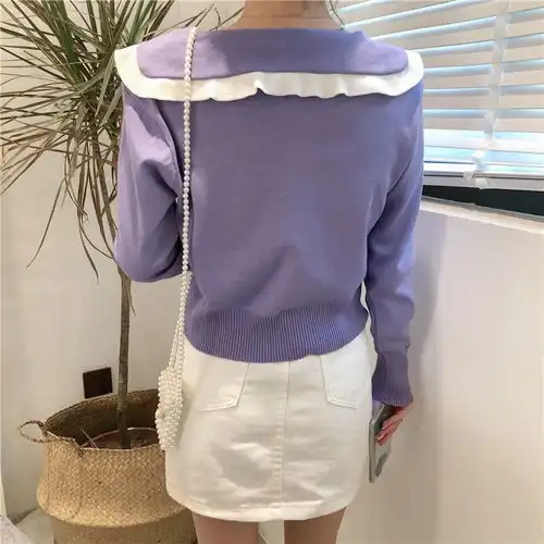 卓纪秋季2020新款长袖针织衫女娃娃领薄款开衫显瘦温柔风短款上衣外套