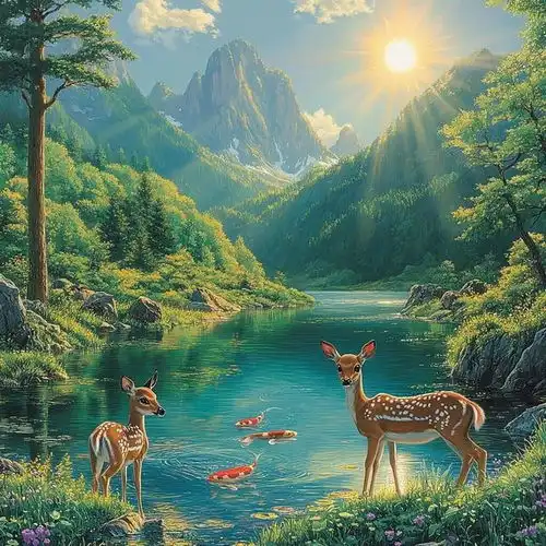 青山绿水能量头像,象征着福鹿悠然惬意,寓意锦鲤悠游自在的生活