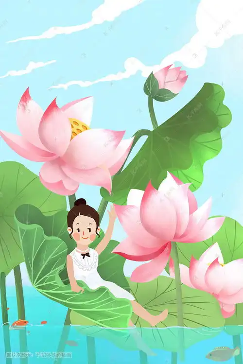 五月你好唯美荷花女孩插画图片千库网