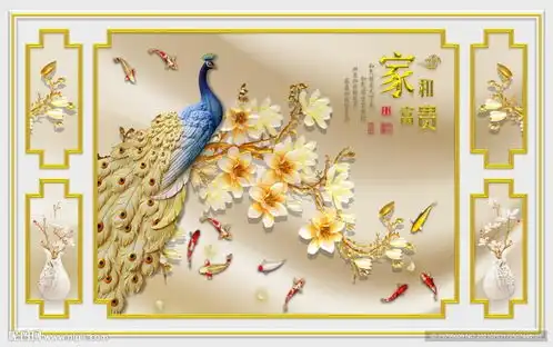 金色双边框玉兰花黄金孔雀设计图