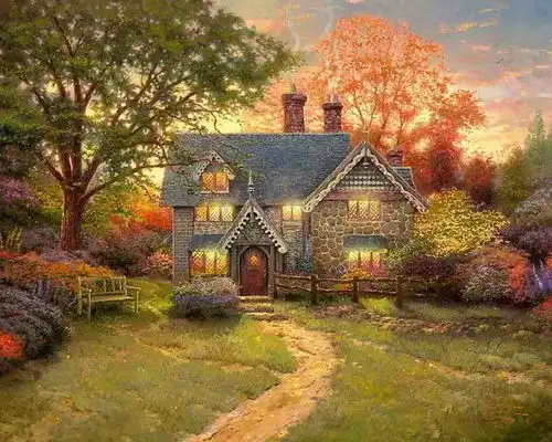 赏心悦目的风景油画,童话世界森林小屋丨托马斯金凯德绘画作品