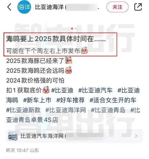 比亚迪销售2025款海鸥下周上市增360全景影像