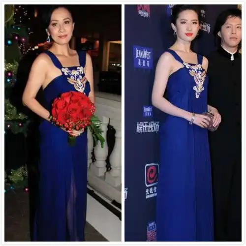 刘嘉玲和刘亦菲同穿大牌宝石蓝长裙,网友母女装穿成姐妹装