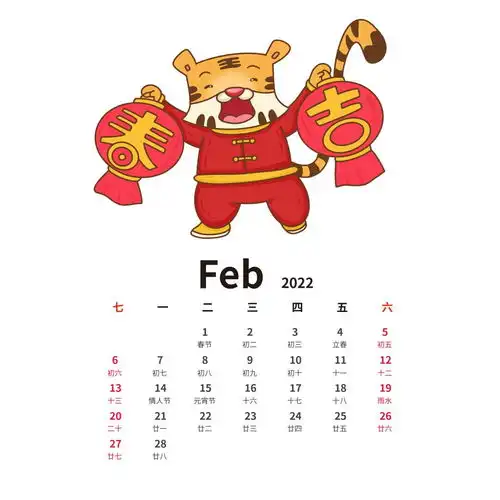 2022虎年2月日历