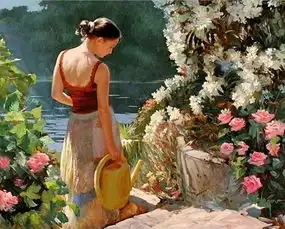 俄罗斯当代画家弗拉基米尔沃列戈夫油画笔下,花园里的女人