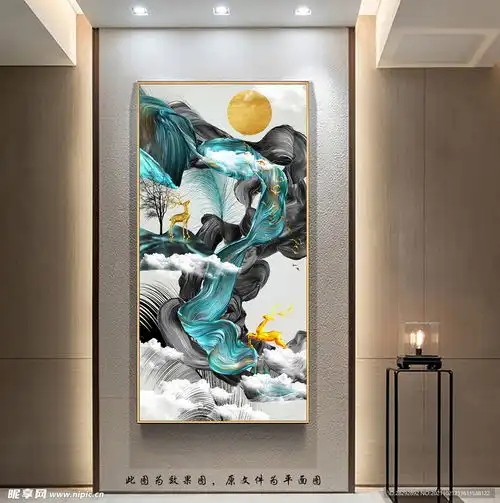 新中式麋鹿飘带玄关画设计图室内广告设计