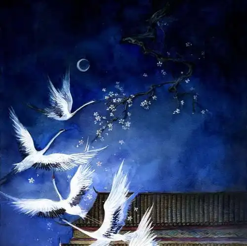 唐崎夜雨手绘古风朋友圈背景图