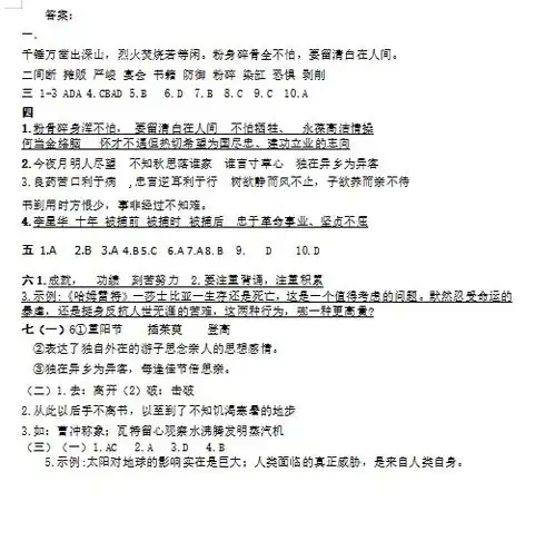 2020年部编版六年级下册语文期中试卷二答案