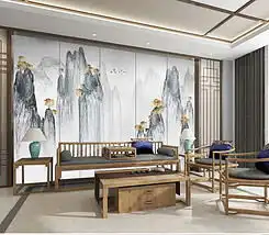 中式淡彩唯美荷花现代电视背景墙壁画图片素材效果图下载