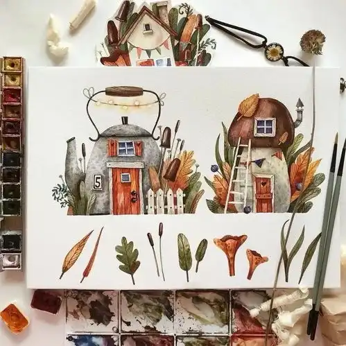 小央美美术水彩画出的可爱森林小屋,每个都想住上一辈子