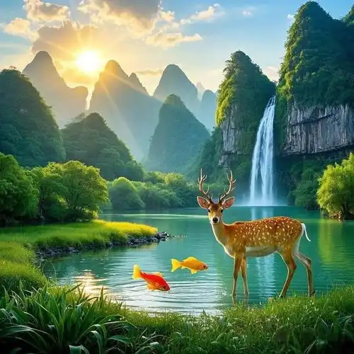 青山绿水能量头像,象征着福鹿悠然惬意,寓意锦鲤悠游自在的生活