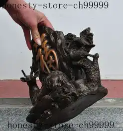 中国风水青铜鎏金财富硬币松树鸟鹿幸运福雕像