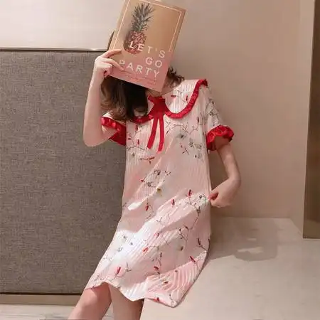 2020夏季新款仿真丝坑条短袖睡裙女中长款娃娃领睡衣连衣裙家居服