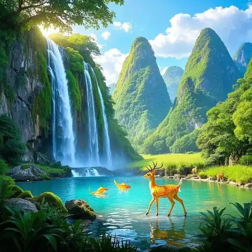青山绿水能量头像,象征着福鹿悠然惬意,寓意锦鲤悠游自在的生活