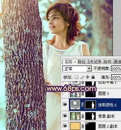photoshop给树林人物图片加上灿烂的青黄阳光色