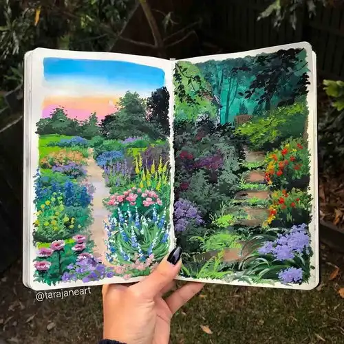 治愈系绘画,看速写本里的风景,花园森林大自然,与人类共享着同一片天地